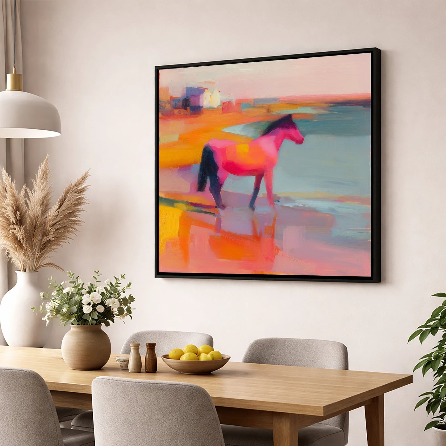 Vibrant Coastal Mirage horse landscape wall art displayed in a dining room