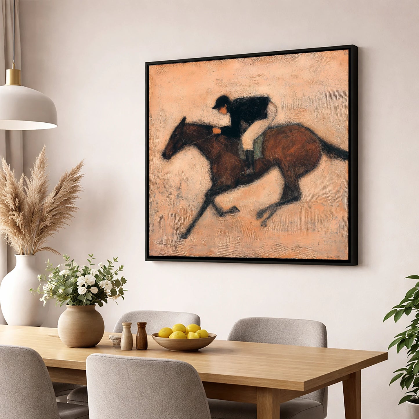 Flight of the Bay racing horse wall art displayed in a dining room