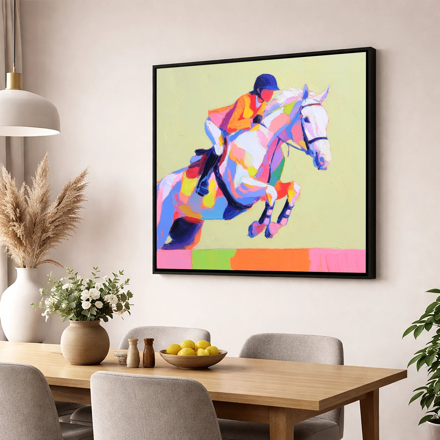 Technicolour Flight show jumping horse wall art displayed in a dining room