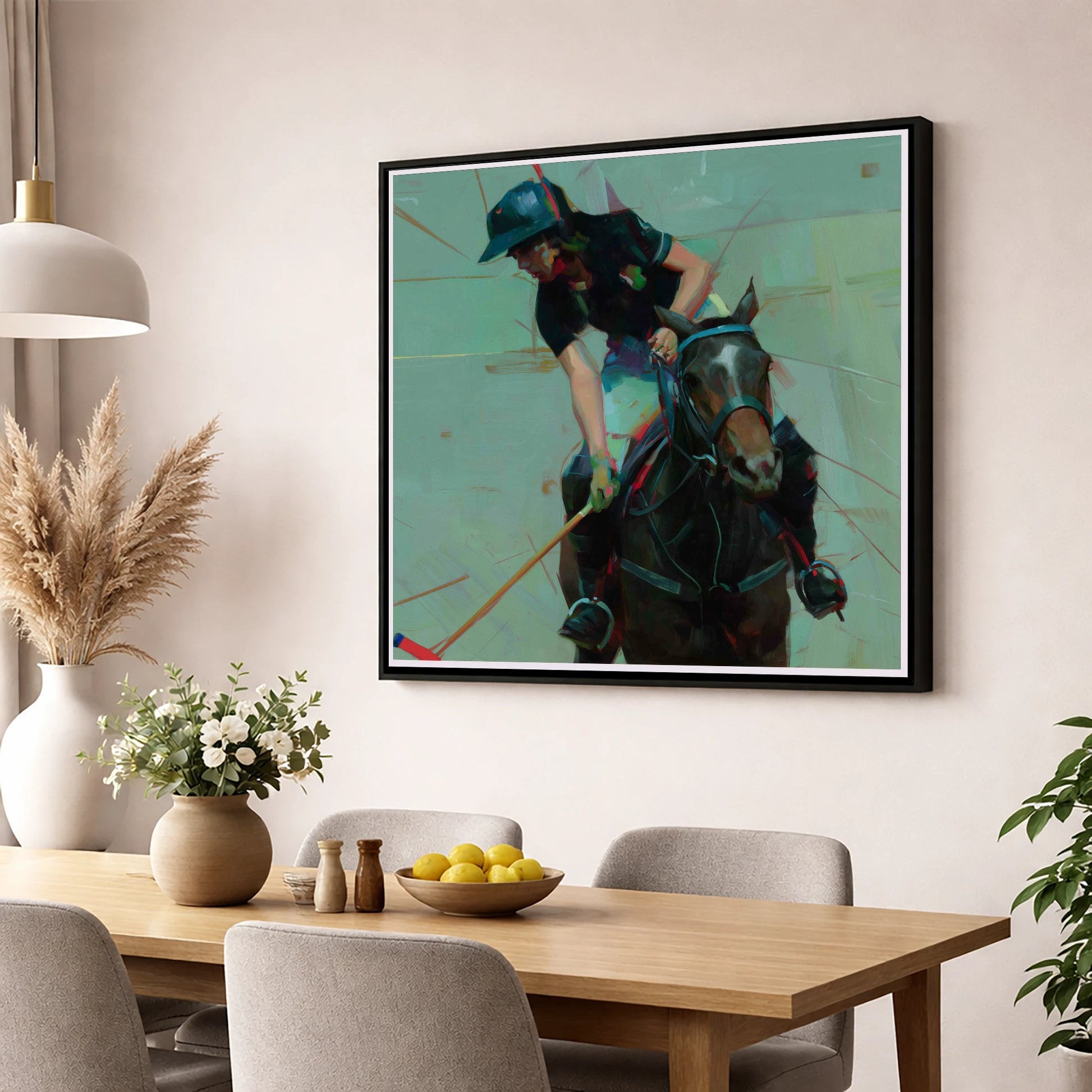 Mid-Match Focus polo horse wall art displayed in a dining room