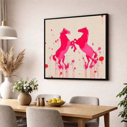 Rearing in Magenta wild horses wall art displayed in a dining room