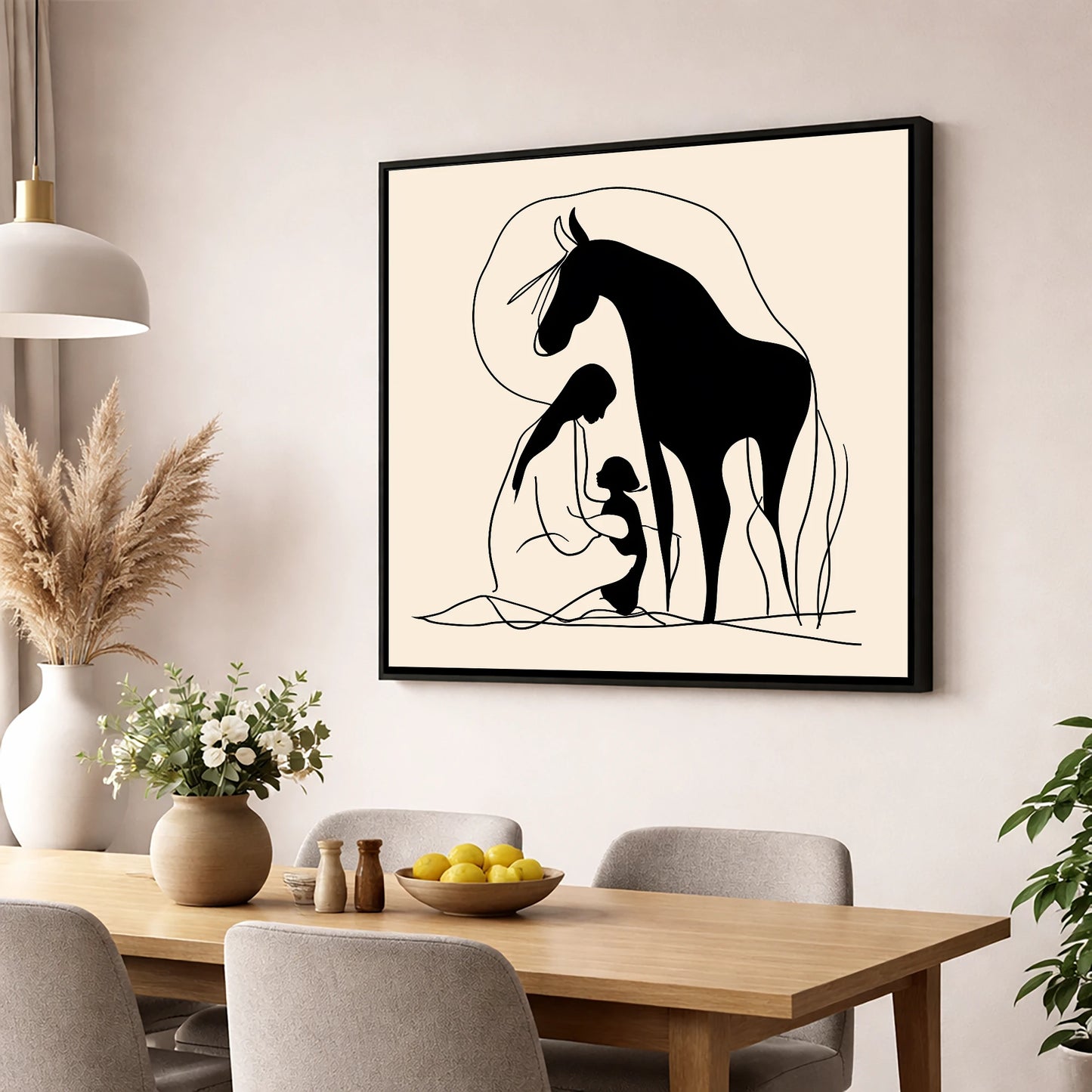 The Gentle Guardian horse & rider wall art displayed in a dining room