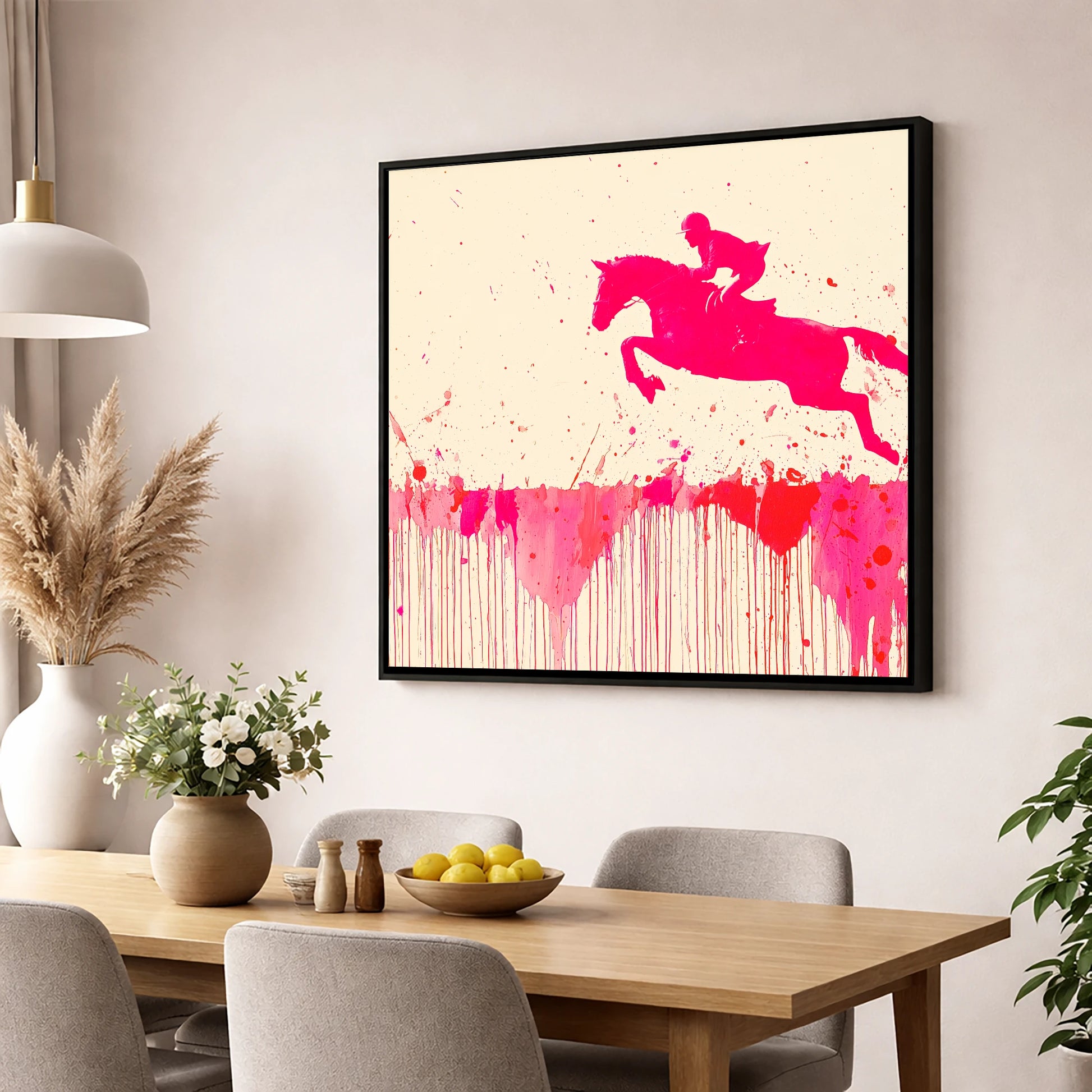 Magenta Flight show jumping horse wall art displayed in a dining room