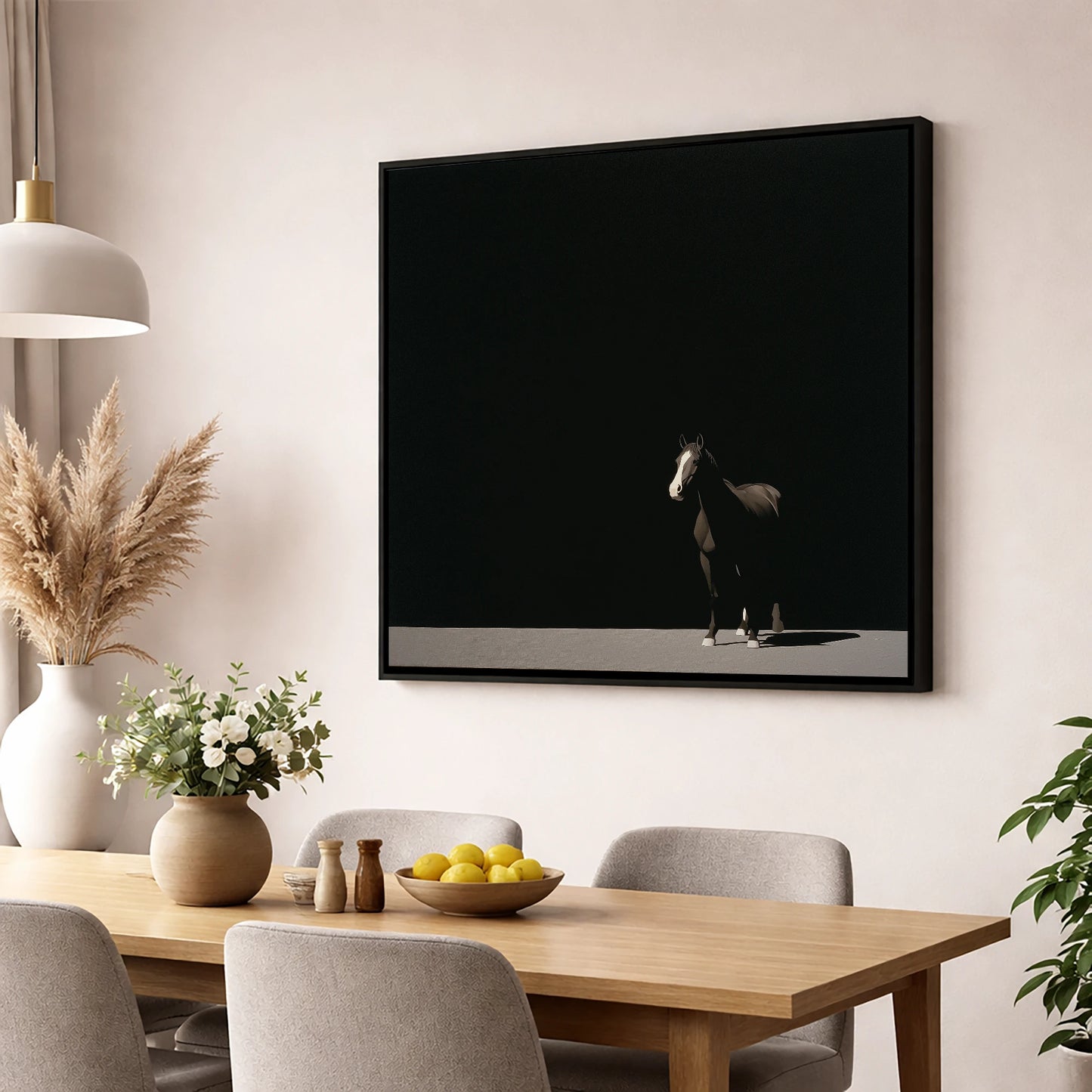 Midnight Solitude horse portrait wall art displayed in a dining room