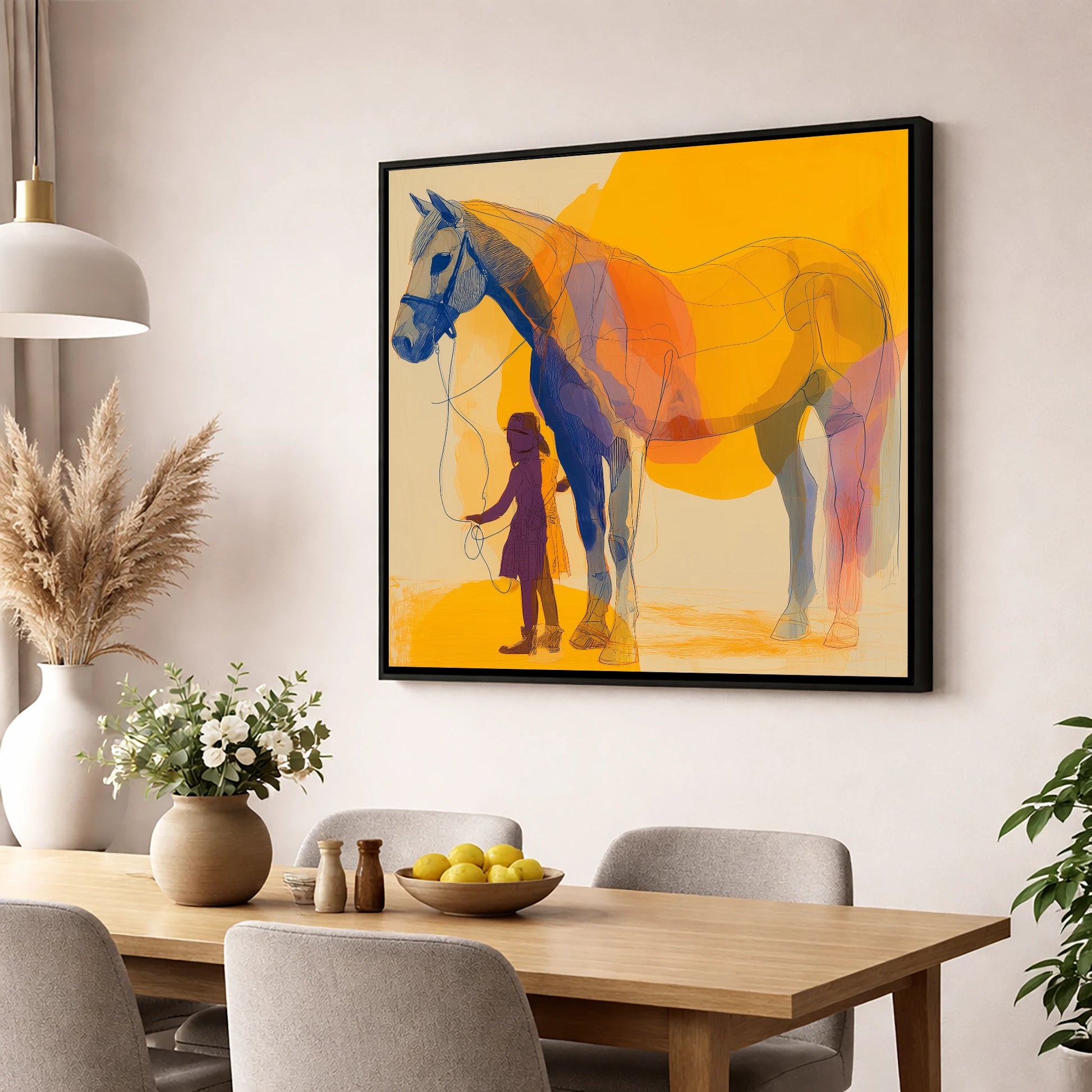 Golden Harmony horse & rider wall art displayed in a dining room
