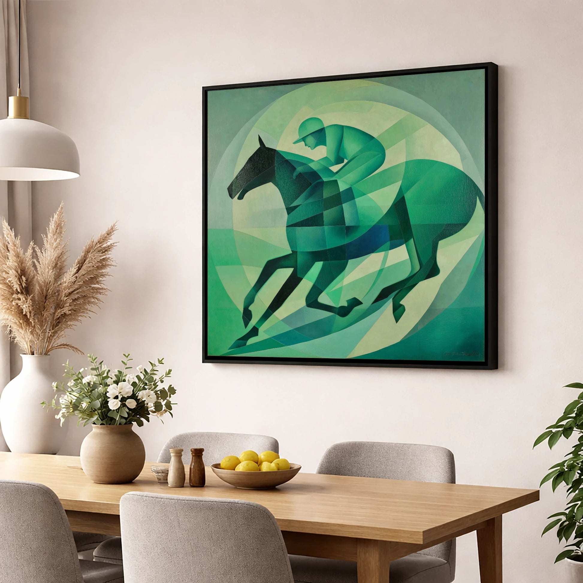 Emerald Rhythm racing horse wall art displayed in a dining room