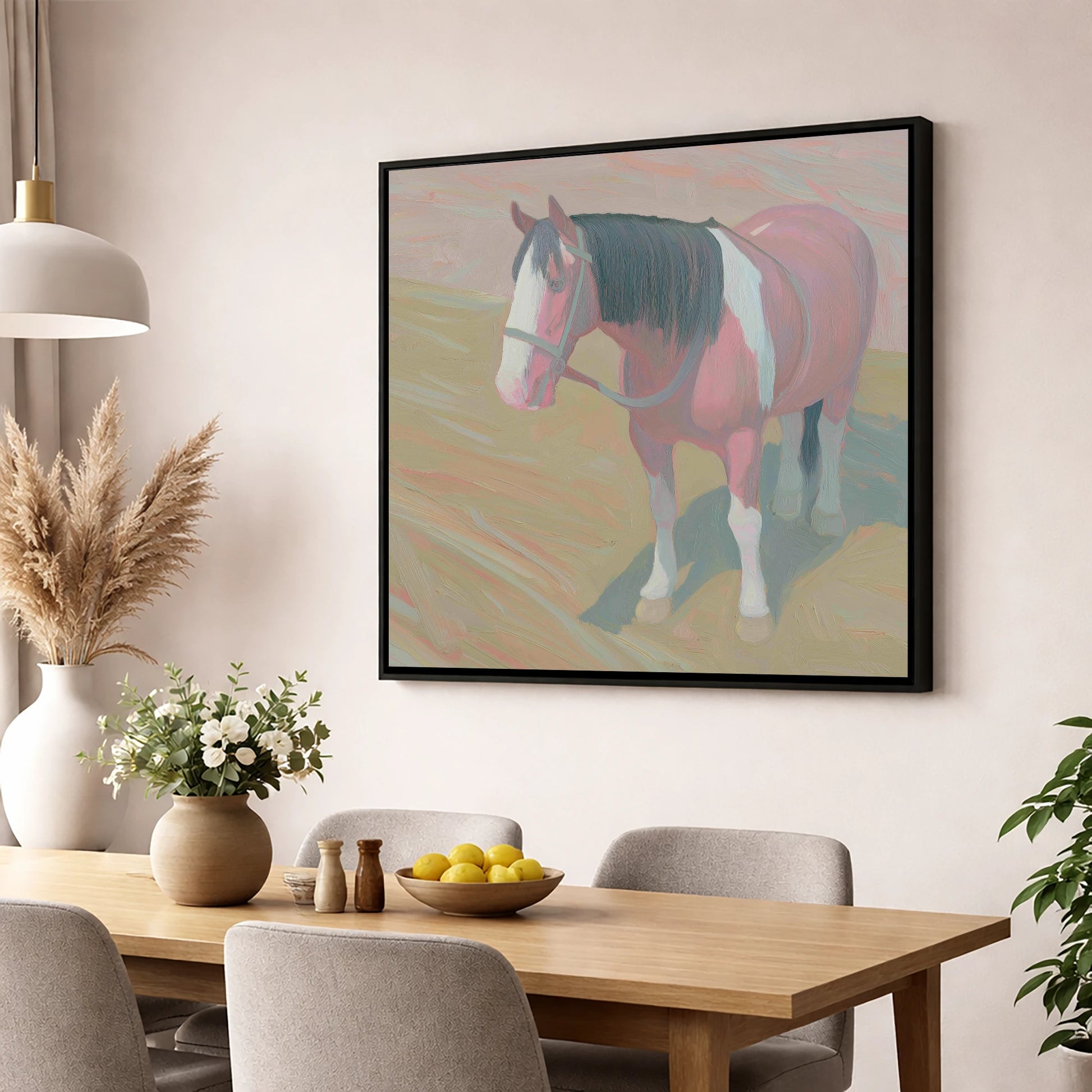 The Gentle Skewbald working horse wall art displayed in a dining room