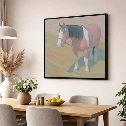 The Gentle Skewbald working horse wall art displayed in a dining room