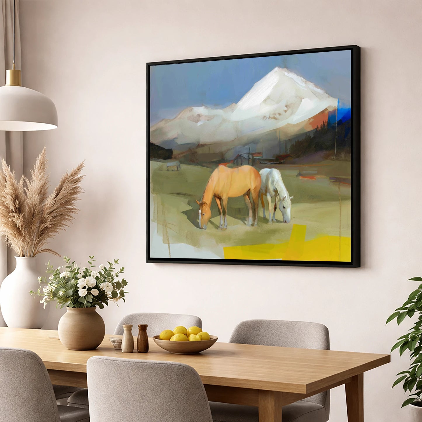 Grazing Beneath the Peaks horse landscape wall art displayed in a dining room