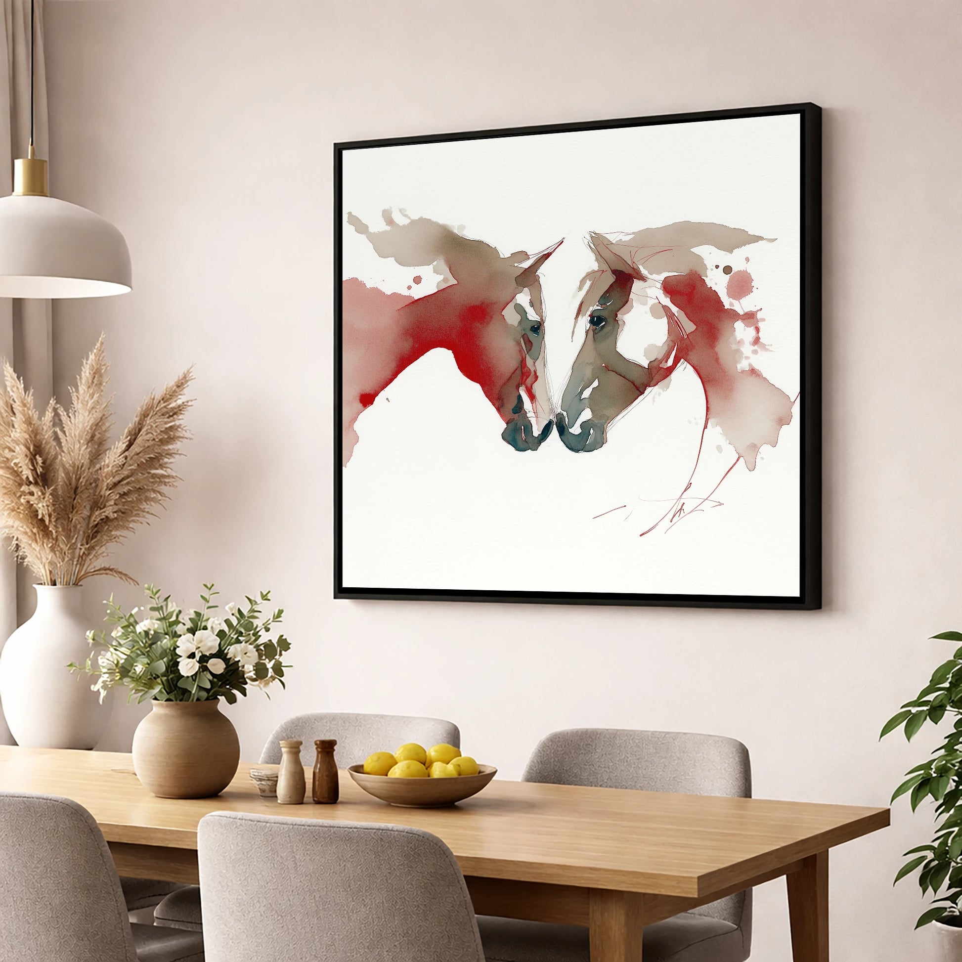 Crimson Connection horse portrait wall art displayed in a dining room