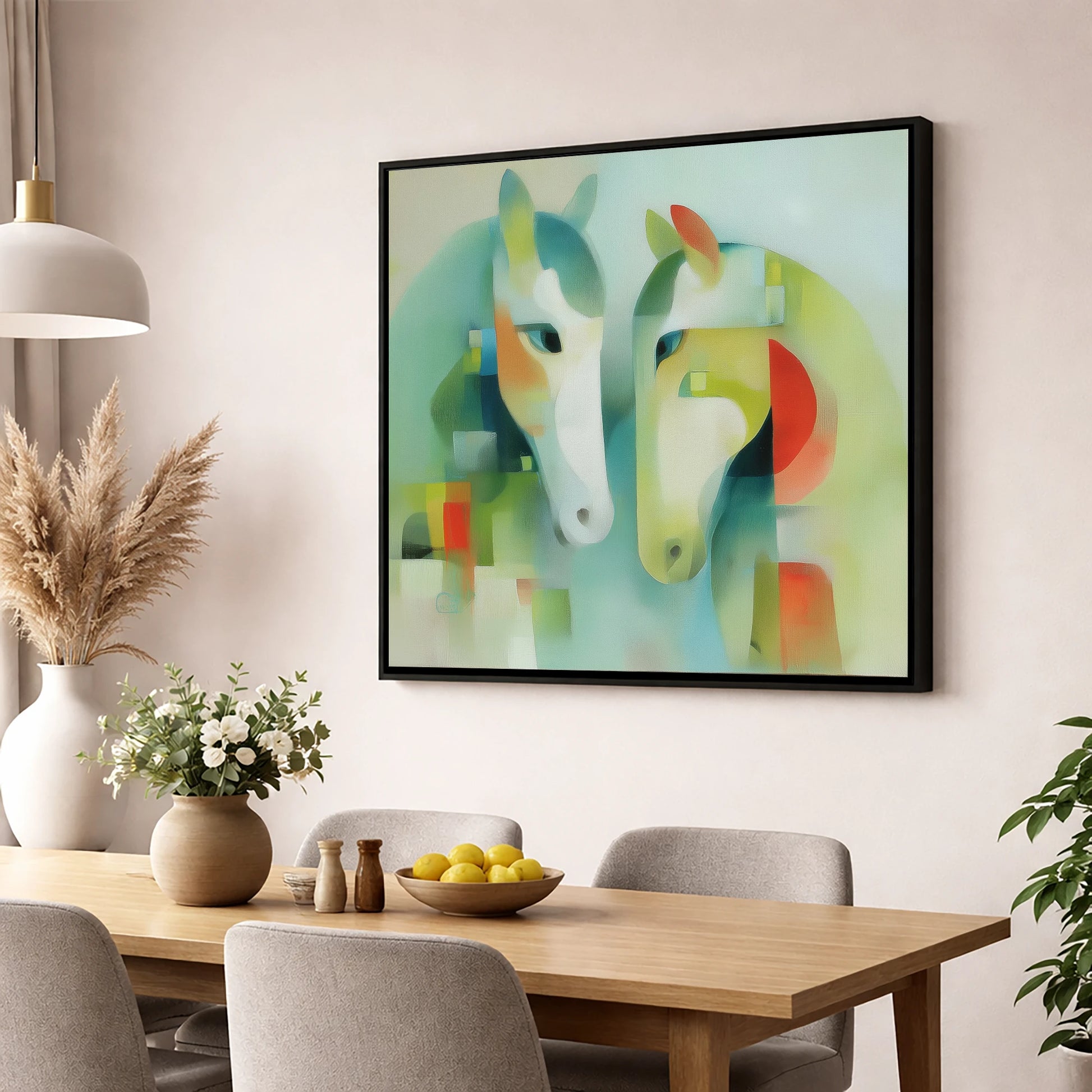 Structured Serenity horse portrait wall art displayed in a dining room