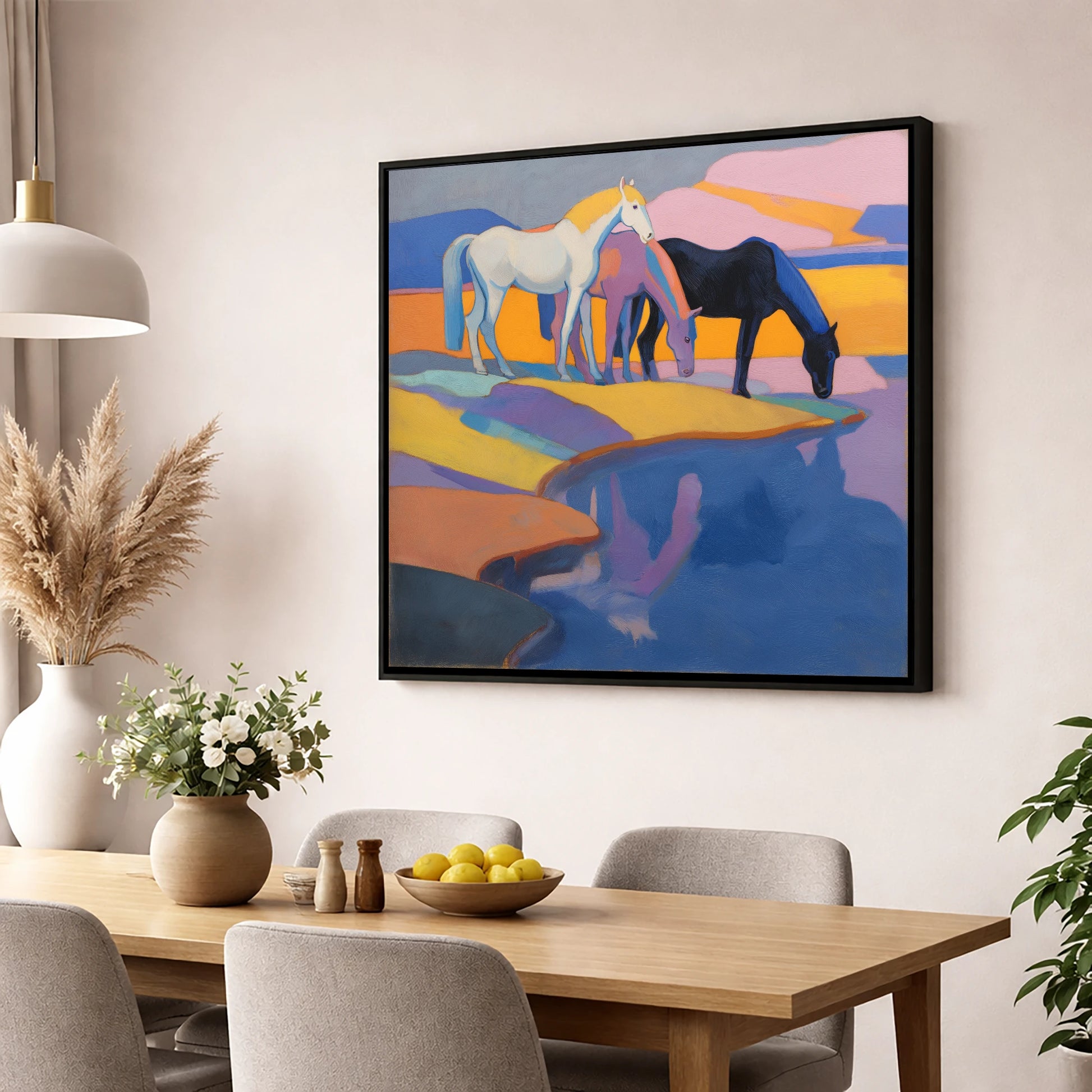 Colours of the Waterhole wild horses wall art displayed in a dining room