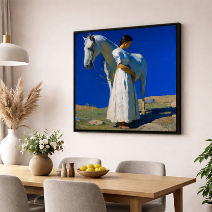 Under Azure Skies horse & rider wall art displayed in a dining room