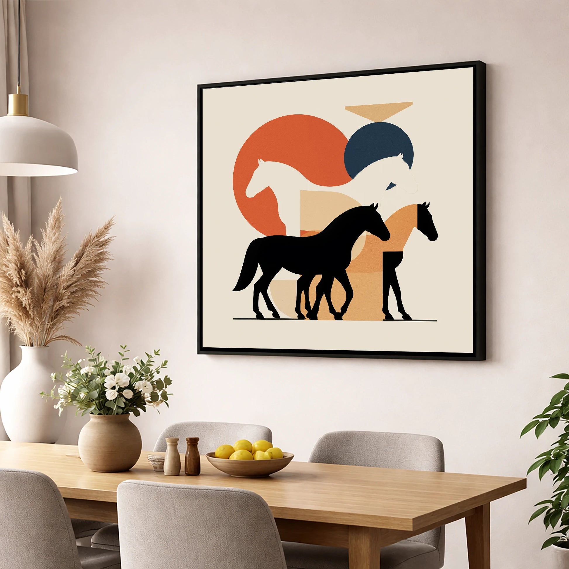 Mid-Century Equine Form wild horses wall art displayed in a dining room