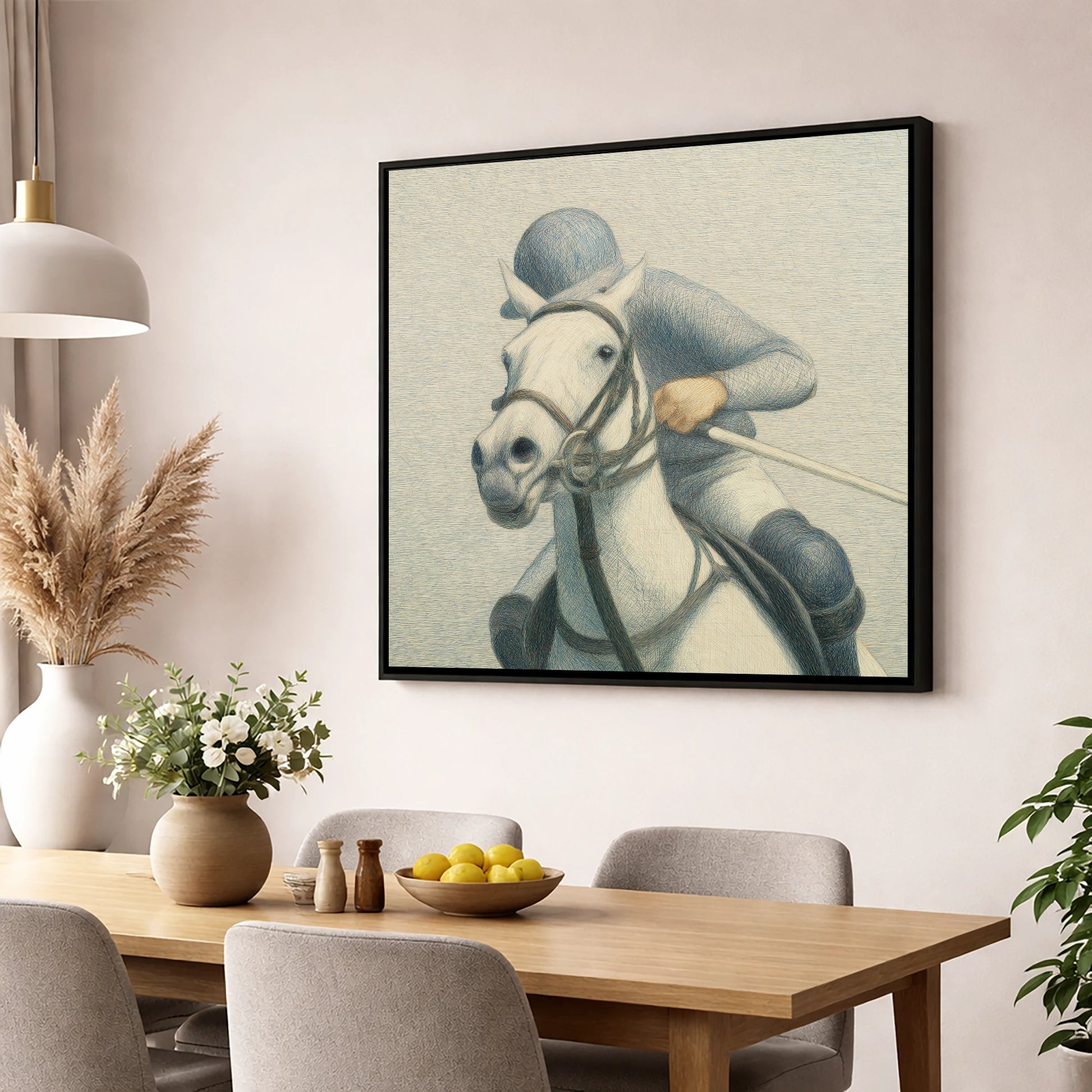 A Timeless Chukka polo horse wall art displayed in a dining room