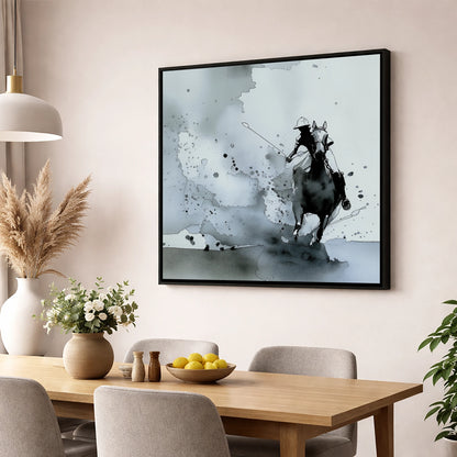 Out of the Mist polo horse wall art displayed in a dining room