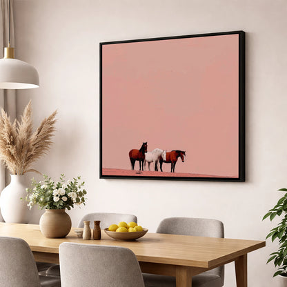 The Blush Horizon wild horses wall art displayed in a dining room