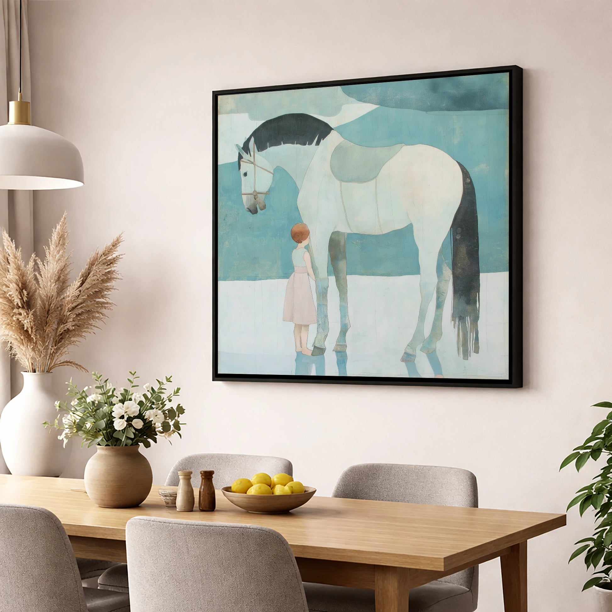 Quiet Trust horse & rider wall art displayed in a dining room