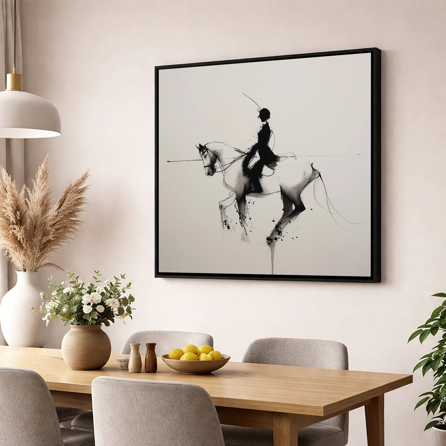 Ethereal Dressage Harmony dressage horse wall art displayed in a dining room