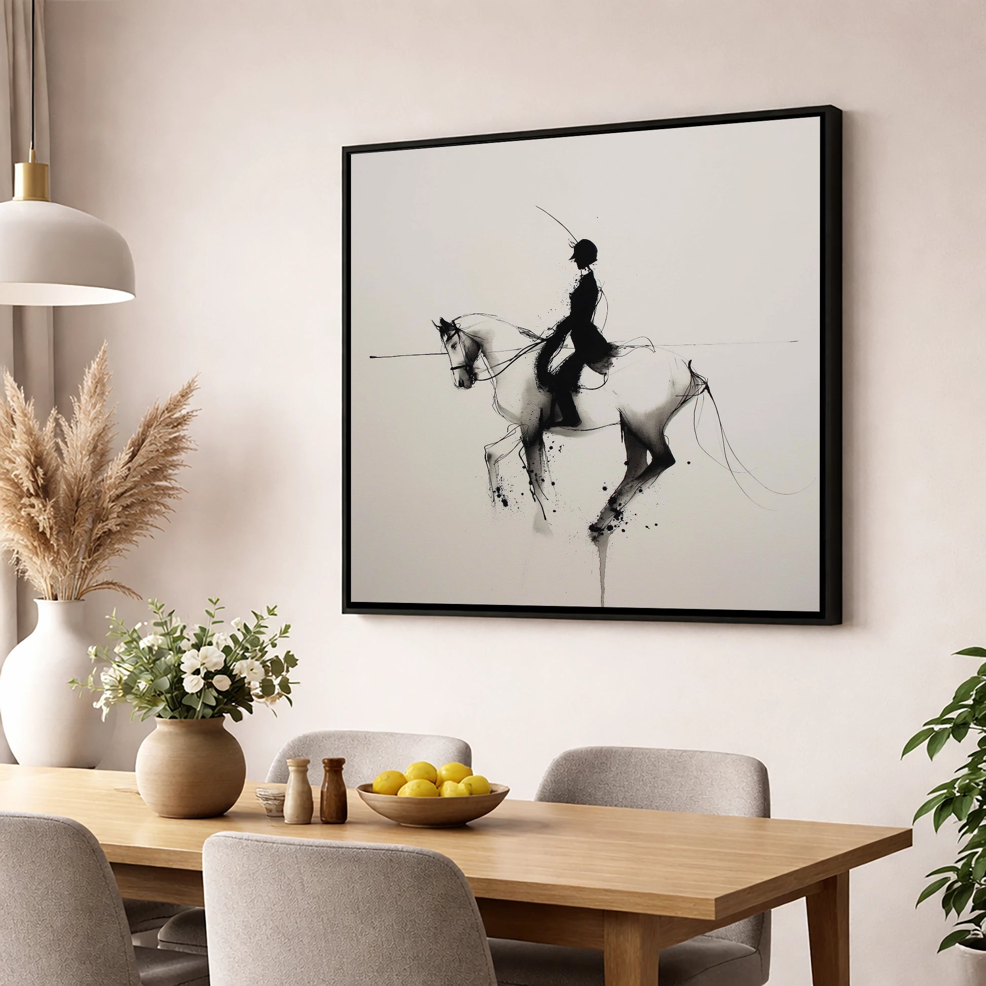 Ethereal Dressage Harmony dressage horse wall art displayed in a dining room