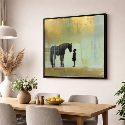 A Quiet Understanding horse & rider wall art displayed in a dining room