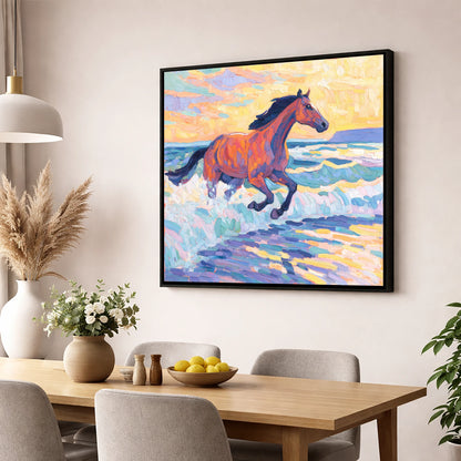 Painted Tide Canter beach horse wall art displayed in a dining room