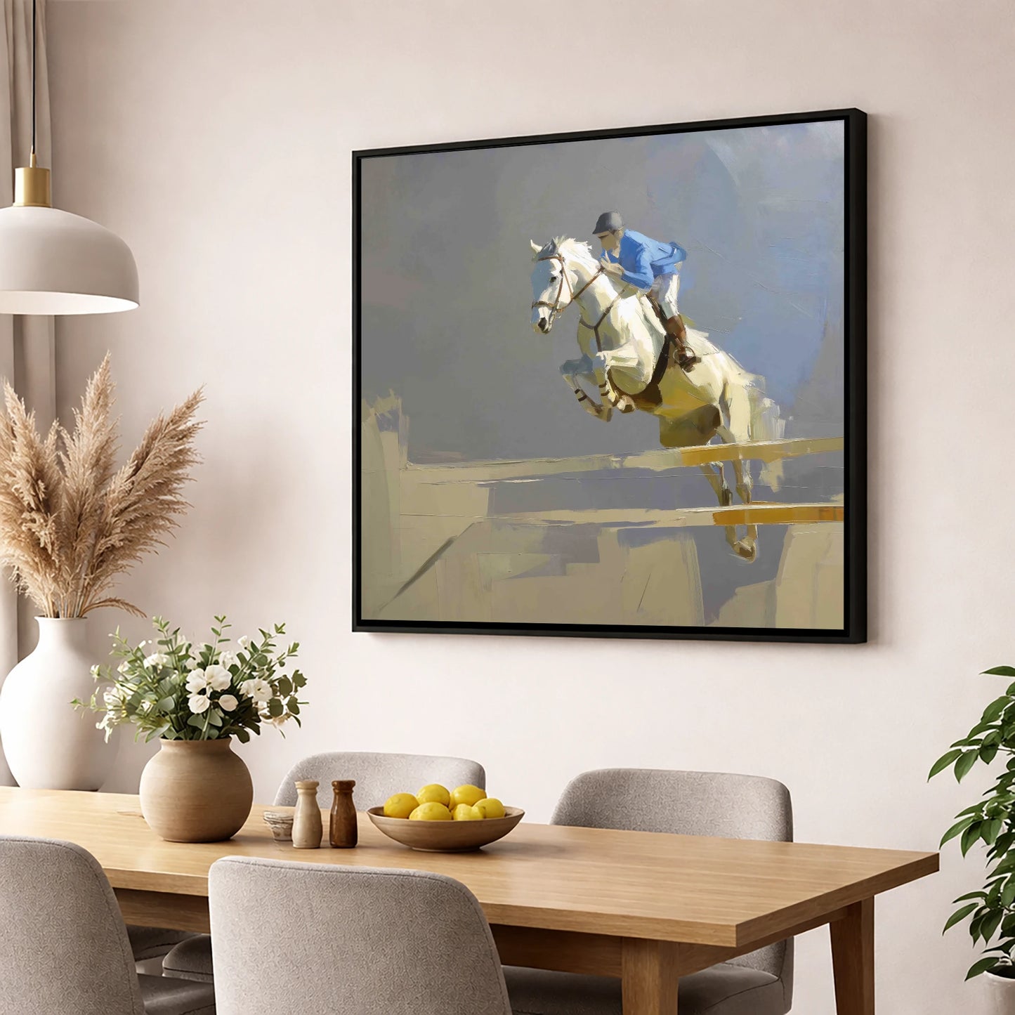 Soaring Grey Showjumper show jumping horse wall art displayed in a dining room