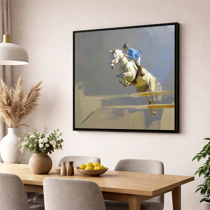 Soaring Grey Showjumper show jumping horse wall art displayed in a dining room
