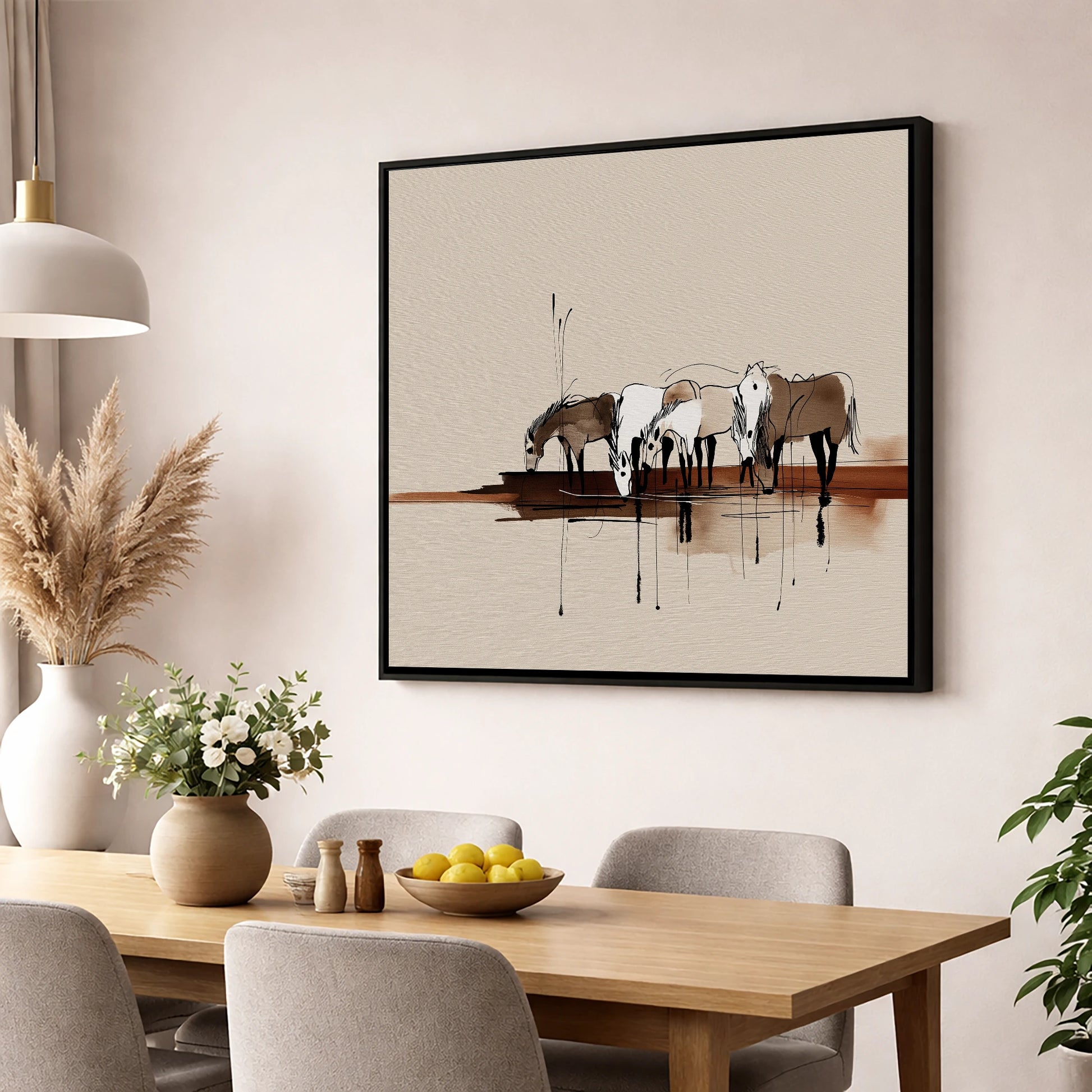 Gathering at the Water wild horses wall art displayed in a dining room