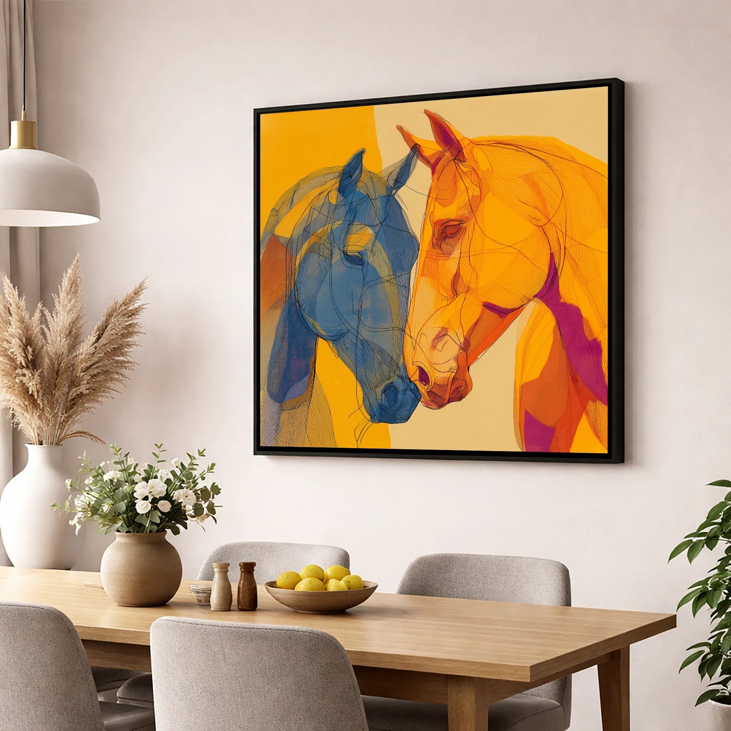 Cobalt and Amber Bond horse portrait wall art displayed in a dining room