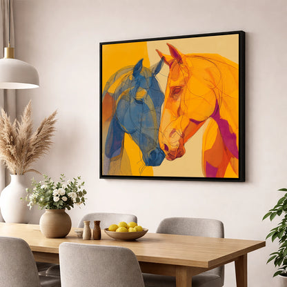 Cobalt and Amber Bond horse portrait wall art displayed in a dining room