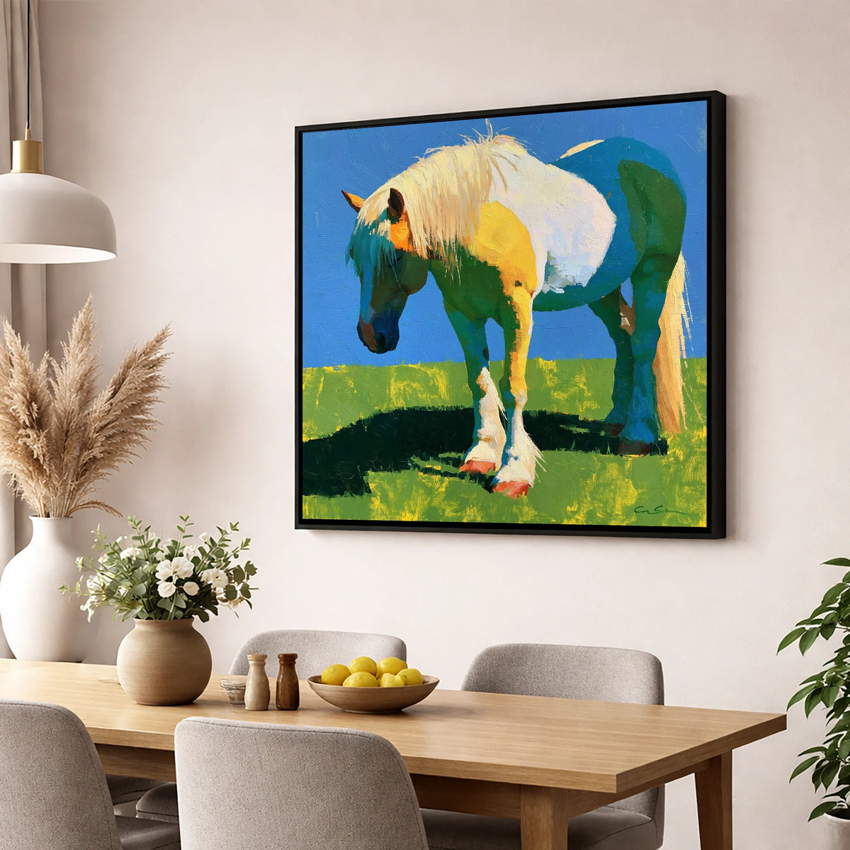Colourful Cob in Summer Sunlight horse breed wall art displayed in a dining room