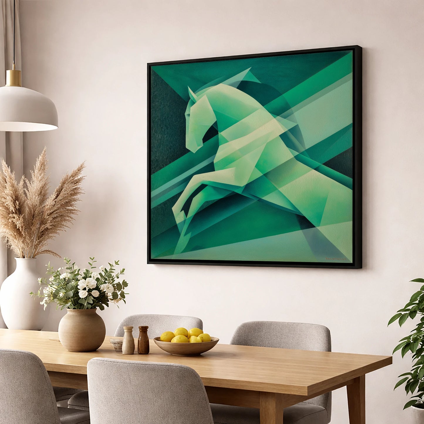 Emerald Geometric Leap show jumping horse wall art displayed in a dining room