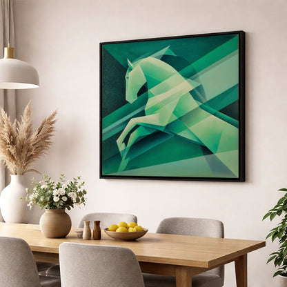 Emerald Geometric Leap show jumping horse wall art displayed in a dining room