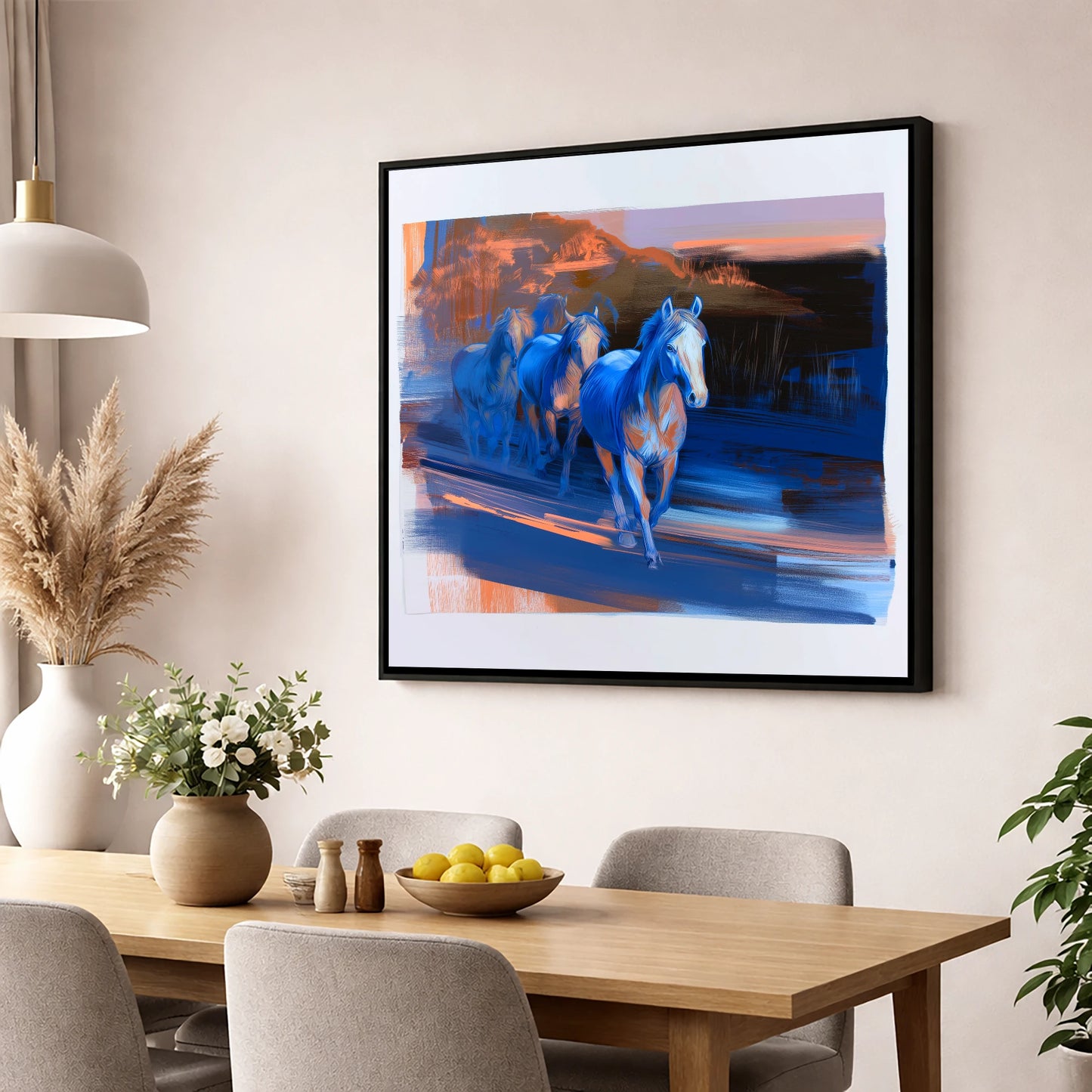 Cobalt Dawn Herd wild horses wall art displayed in a dining room