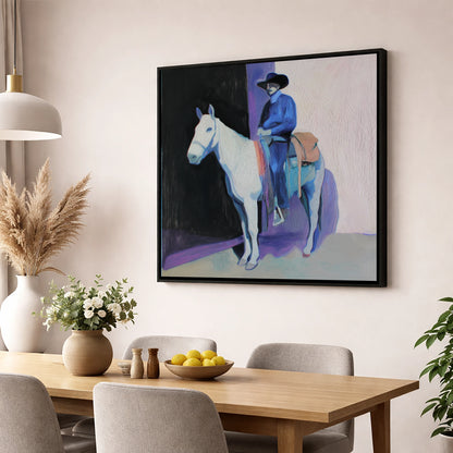 The Indigo Rider western horse wall art displayed in a dining room
