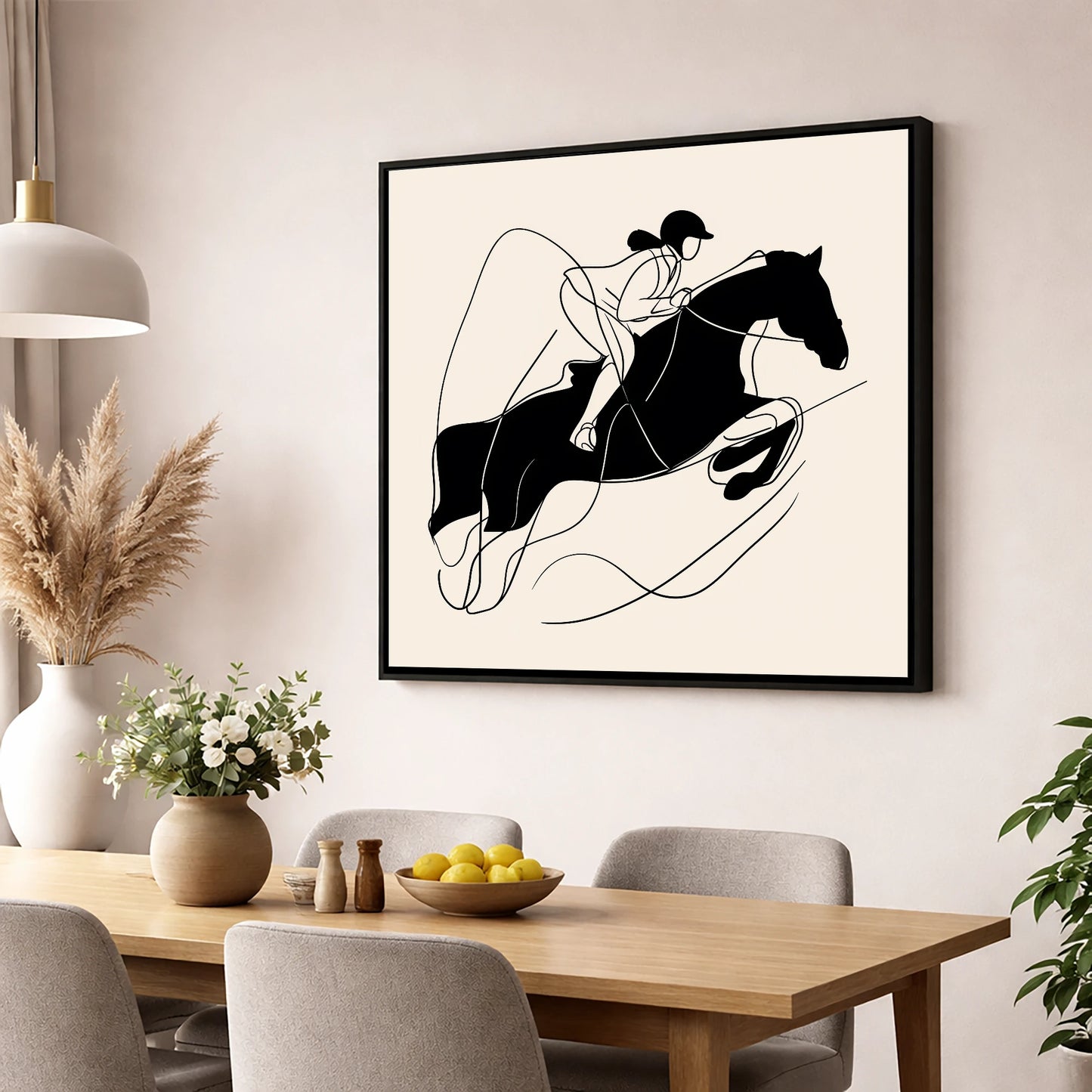 Fluid Showjumping Silhouette show jumping horse wall art displayed in a dining room
