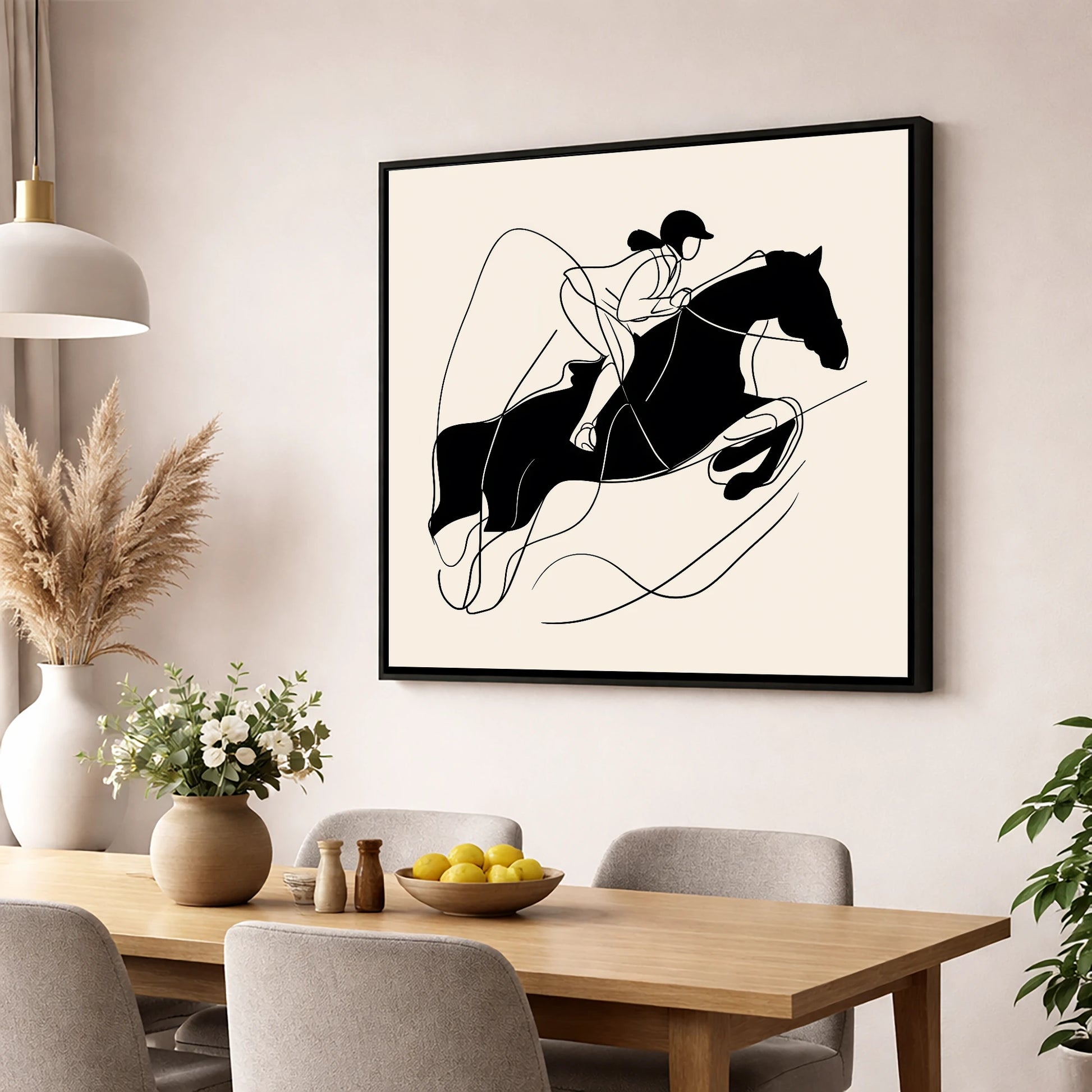 Fluid Showjumping Silhouette show jumping horse wall art displayed in a dining room