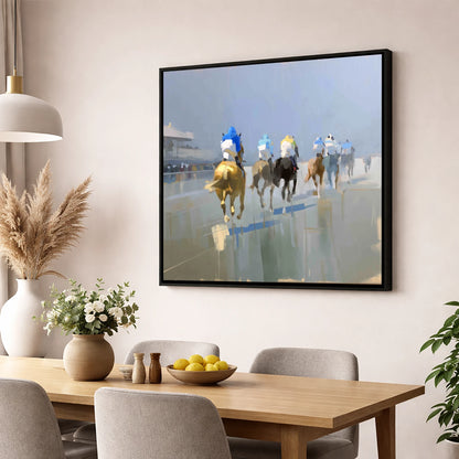 Into the Mist racing horse wall art displayed in a dining room