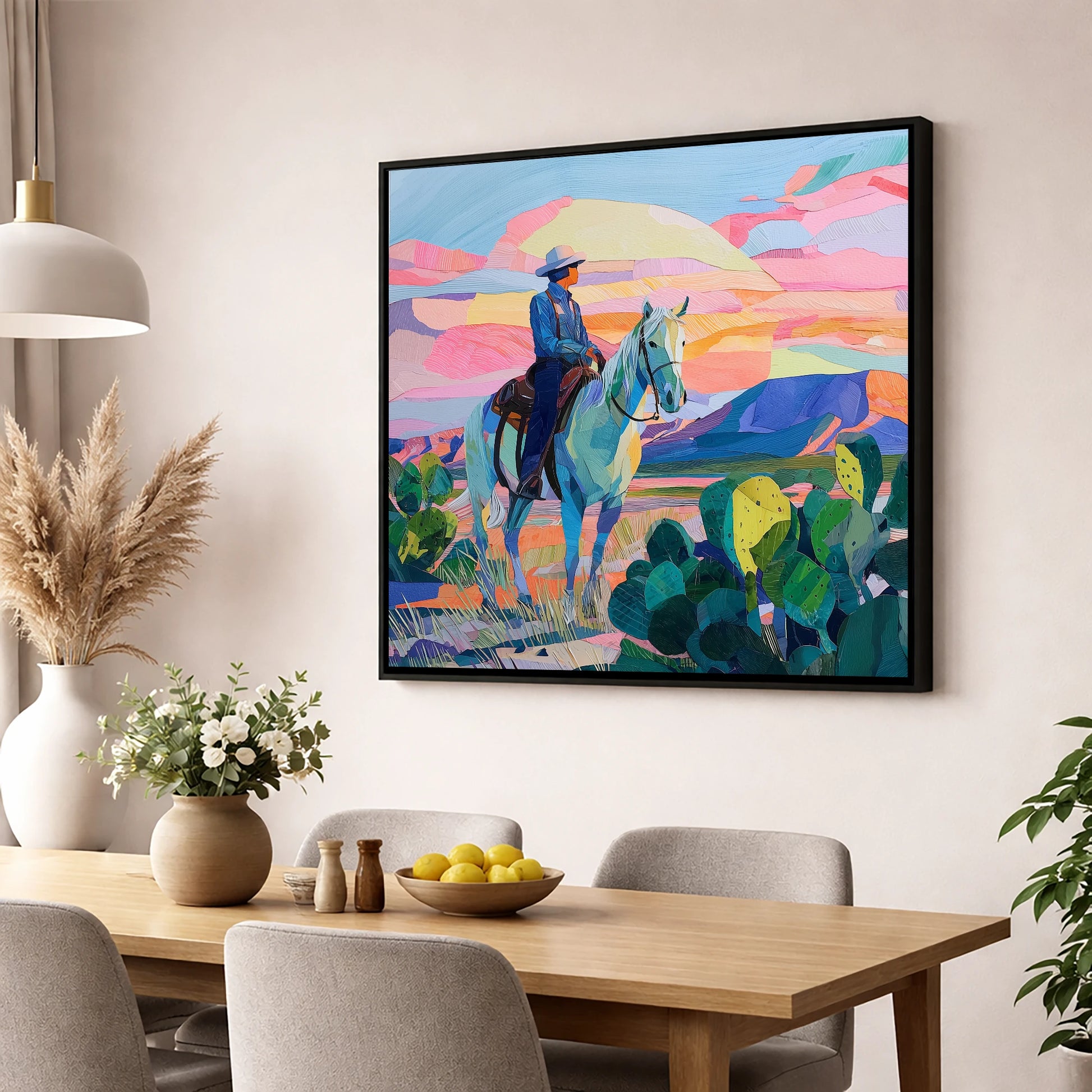Painted Desert Rider western horse wall art displayed in a dining room