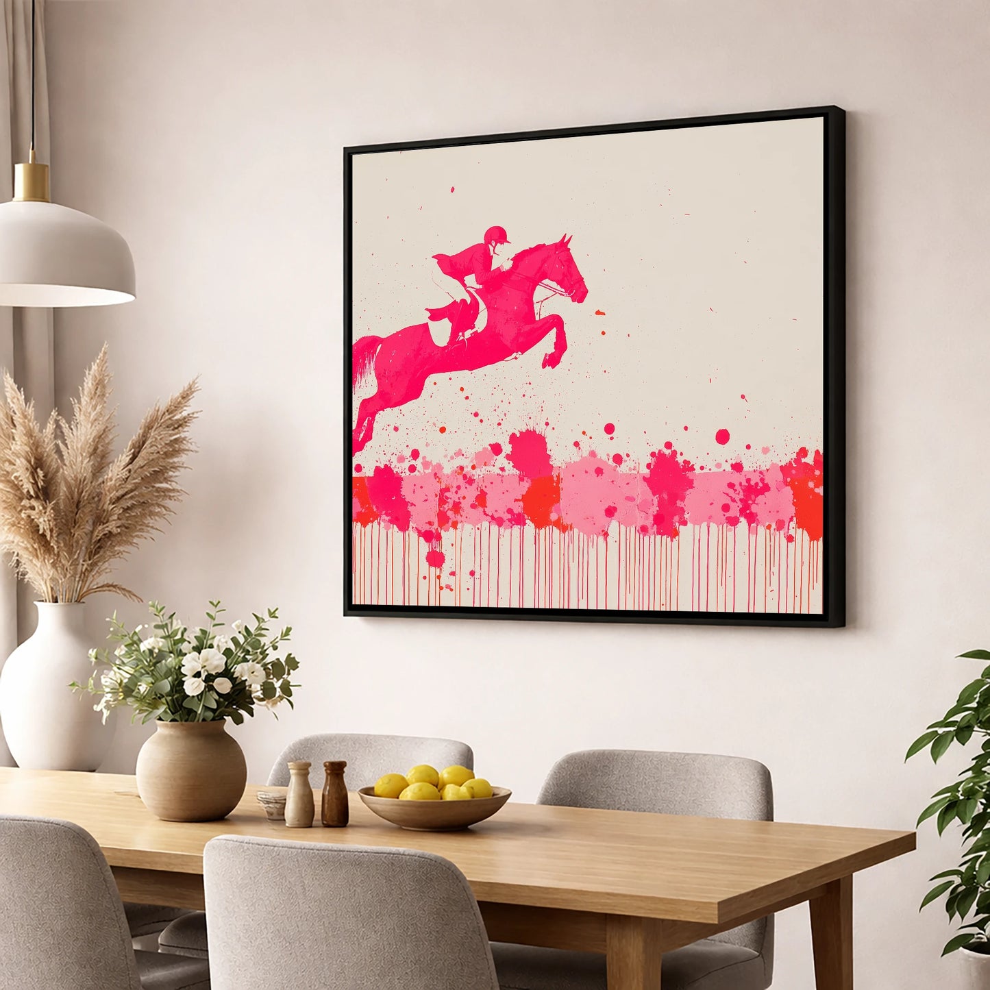 Magenta Flight show jumping horse wall art displayed in a dining room