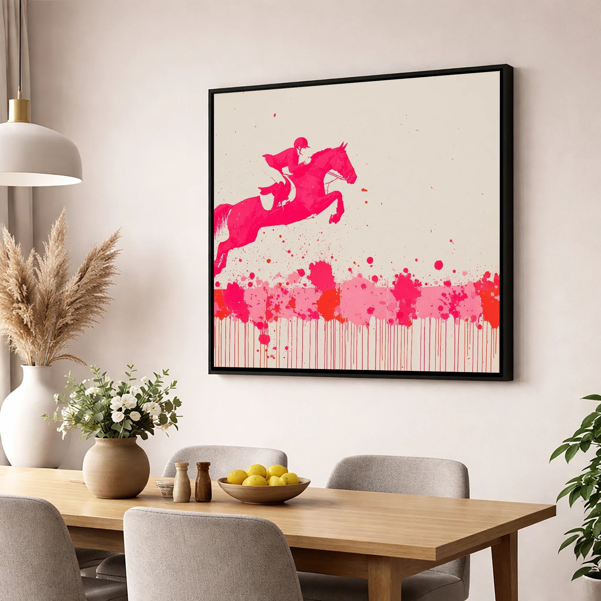 Magenta Flight show jumping horse wall art displayed in a dining room