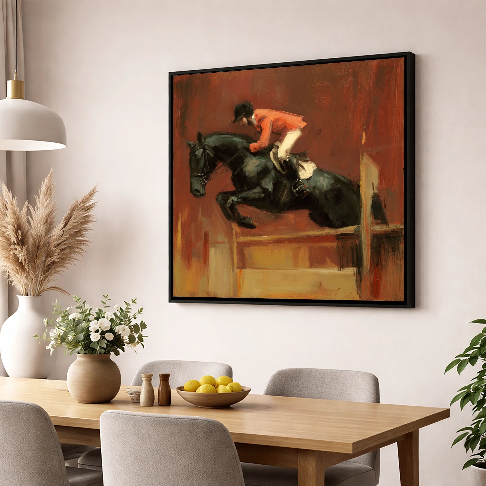 The Bold Leap show jumping horse wall art displayed in a dining room