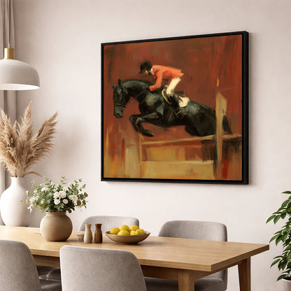 The Bold Leap show jumping horse wall art displayed in a dining room