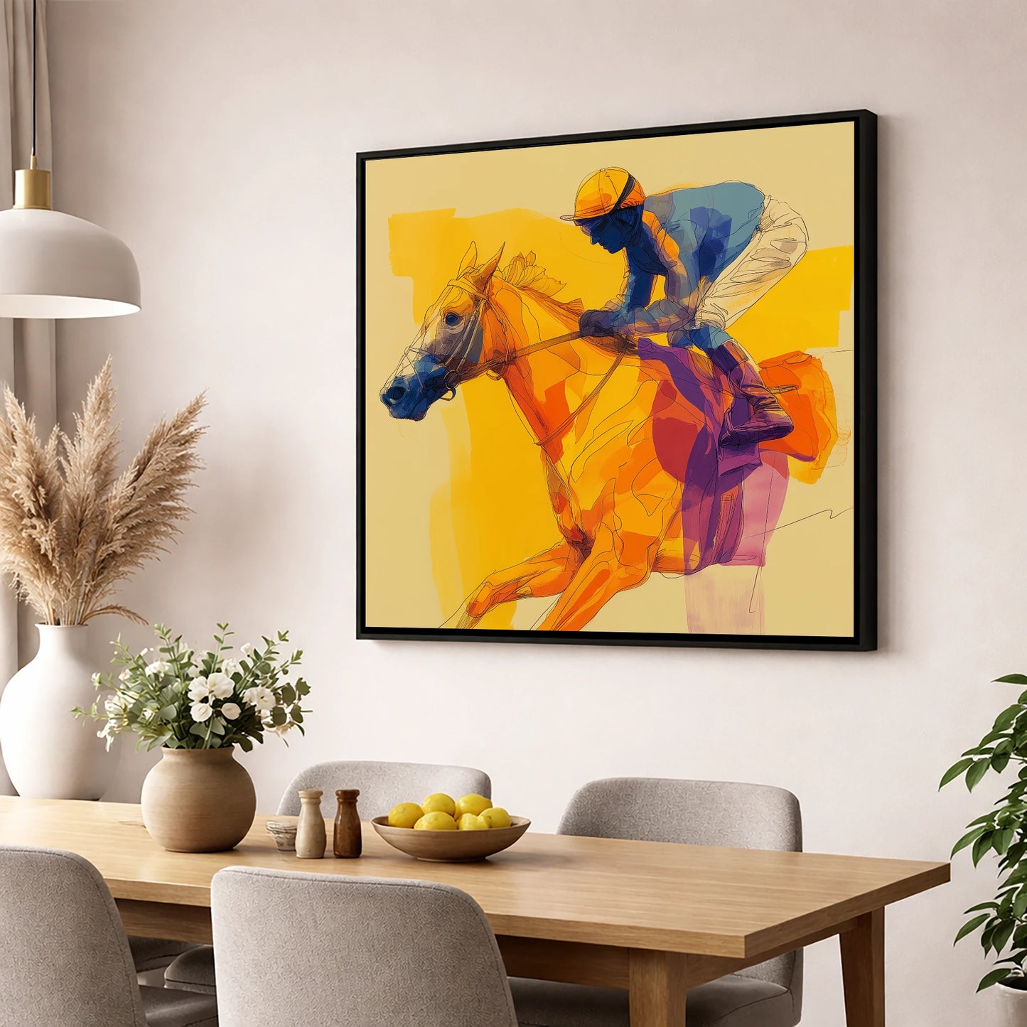 Golden Stride racing horse wall art displayed in a dining room