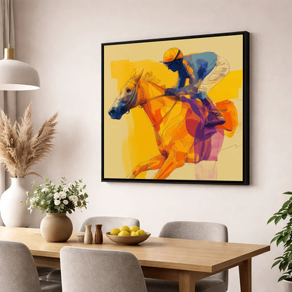Golden Stride racing horse wall art displayed in a dining room