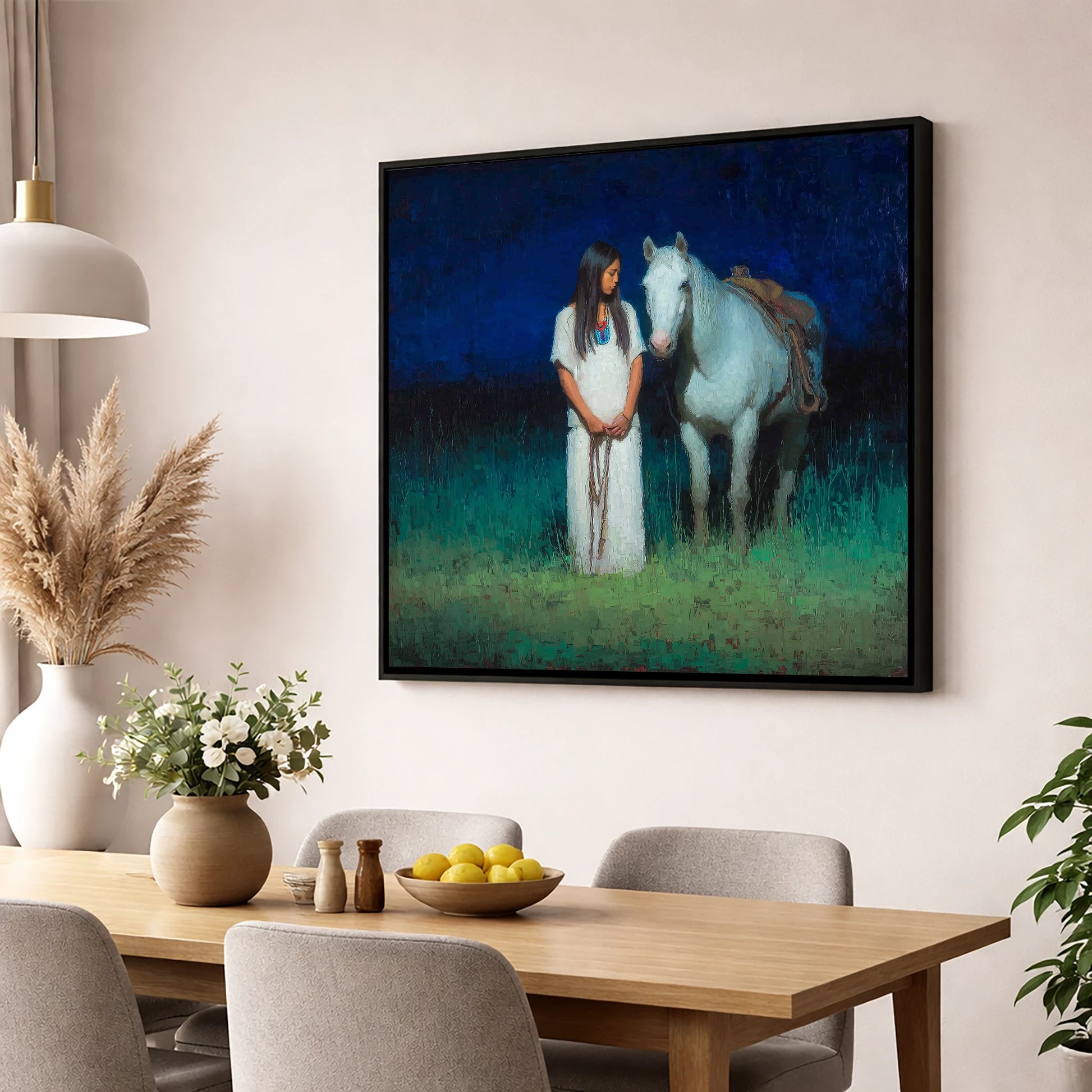 Quiet Night Vigil horse & rider wall art displayed in a dining room