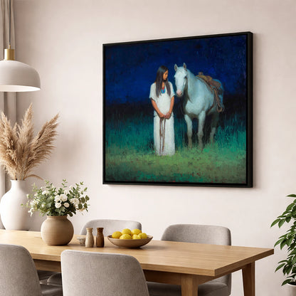 Quiet Night Vigil horse & rider wall art displayed in a dining room