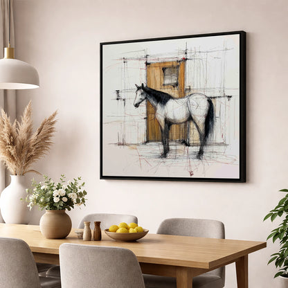 Waiting At The Stable Door horse stable wall art displayed in a dining room
