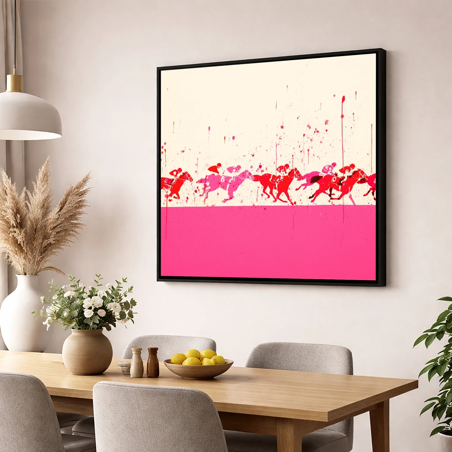 Crimson Surge racing horse wall art displayed in a dining room